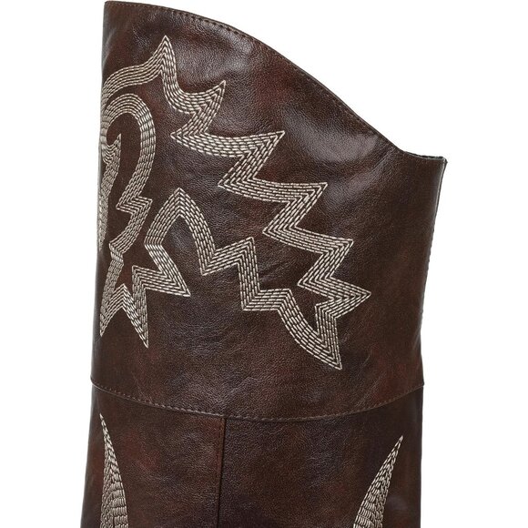 Women Dark Brown Pu Polyurethane Embroidered Pointed Toe Chunky Heels Tall Boots - Picture 5 of 6